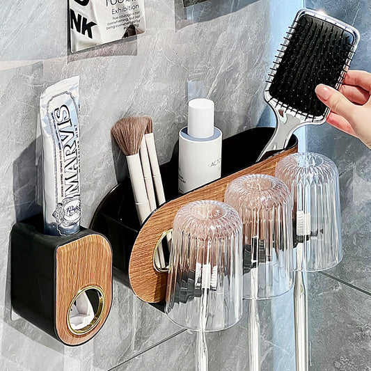 Cross-Border Wood Grain Toothbrush Holder Wall-Mounted Suction Cup Toothbrush and Toothpaste Bathroom Storage Rack Vintage Toiletry Storage Rack - image 2