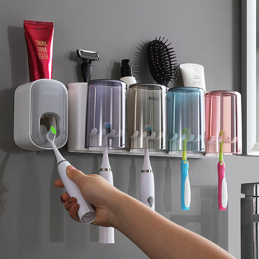 Ecoco Creative Toothbrush Storage Rack Punch-Free Mouthwash Cup Wall-Mounted Bathroom Automatic Toothpaste Squeezer - image 2