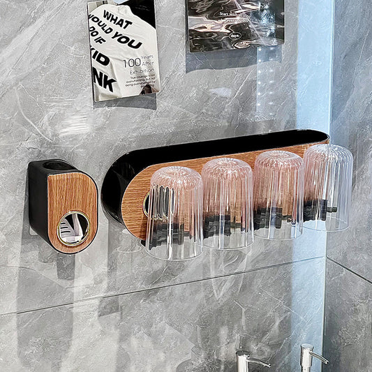 Cross-Border Wood Grain Toothbrush Holder Wall-Mounted Suction Cup Toothbrush and Toothpaste Bathroom Storage Rack Vintage Toiletry Storage Rack - image 1