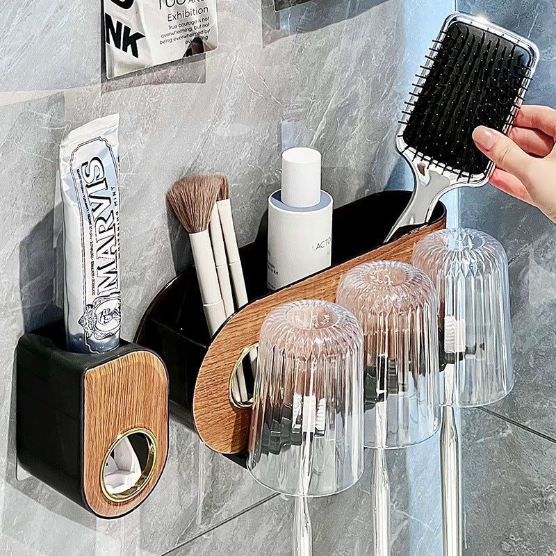 Cross-Border Wood Grain Toothbrush Holder Wall-Mounted Suction Cup Toothbrush and Toothpaste Bathroom Storage Rack Vintage Toiletry Storage Rack - image 2
