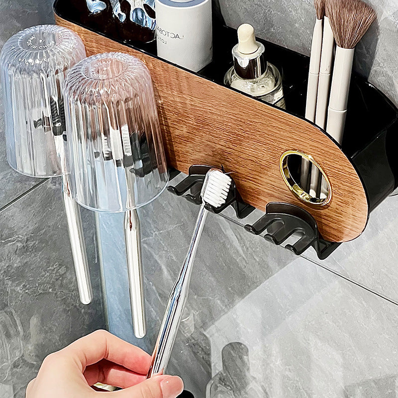 Cross-Border Wood Grain Toothbrush Holder Wall-Mounted Suction Cup Toothbrush and Toothpaste Bathroom Storage Rack Vintage Toiletry Storage Rack - image 3
