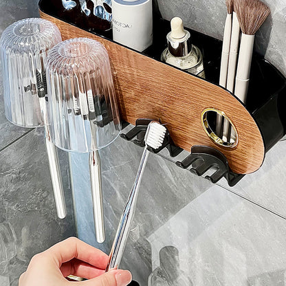 Cross-Border Wood Grain Toothbrush Holder Wall-Mounted Suction Cup Toothbrush and Toothpaste Bathroom Storage Rack Vintage Toiletry Storage Rack - image 3
