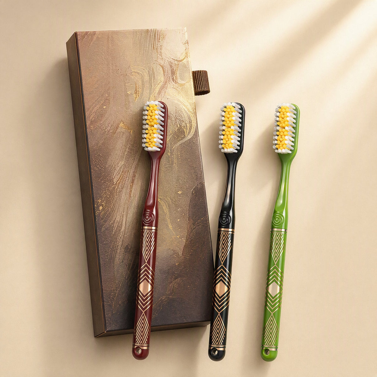 Six adult manual toothbrushes with medium-hard bristles and extended heads arranged beside a gift box - view 4