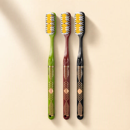Six adult manual toothbrushes with medium-hard bristles and extended heads arranged beside a gift box - view 5