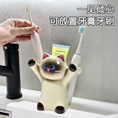 Cute Siamese cat with raised paws, toothbrush and toothpaste holder, ceramic bathroom sink organizer, creative desktop decoration - image 2