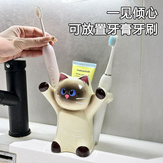 Cute Siamese cat with raised paws, toothbrush and toothpaste holder, ceramic bathroom sink organizer, creative desktop decoration - image 2