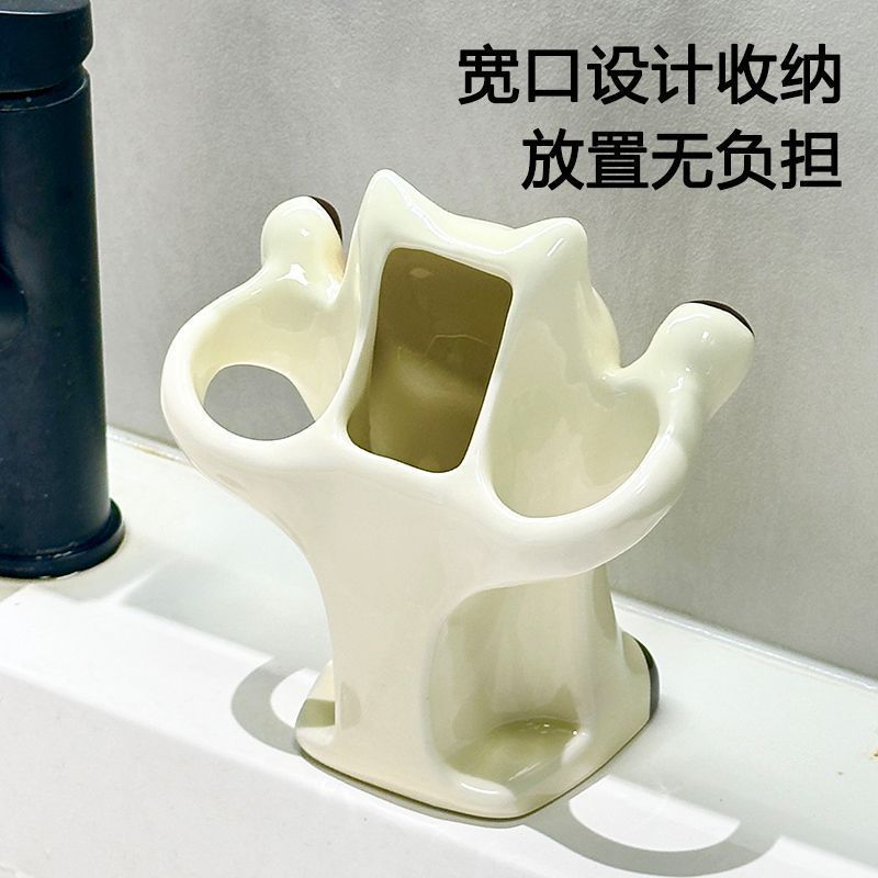 Cute Siamese cat with raised paws, toothbrush and toothpaste holder, ceramic bathroom sink organizer, creative desktop decoration - image 3