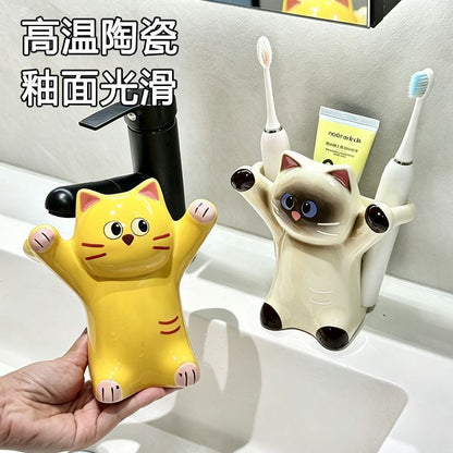 Cute Siamese cat with raised paws, toothbrush and toothpaste holder, ceramic bathroom sink organizer, creative desktop decoration - image 4