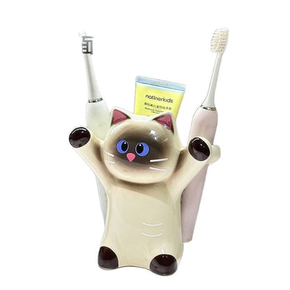 Cute Siamese cat with raised paws, toothbrush and toothpaste holder, ceramic bathroom sink organizer, creative desktop decoration - image 5