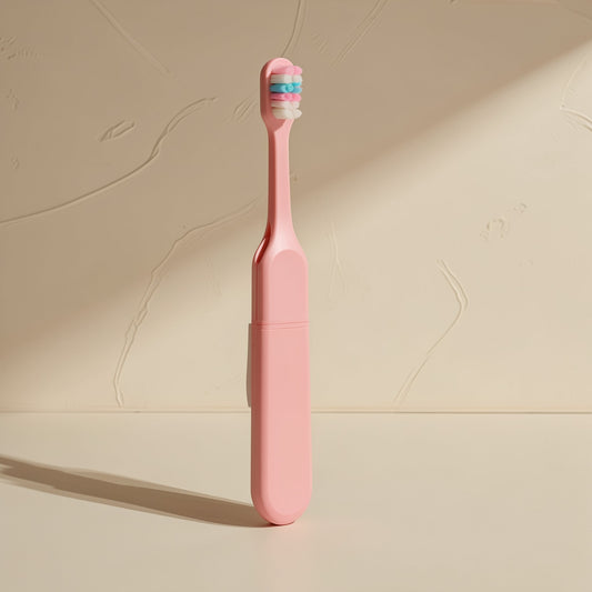Manual orthodontic toothbrush with a small U-shaped head and soft fluoride-containing bristles - view 2