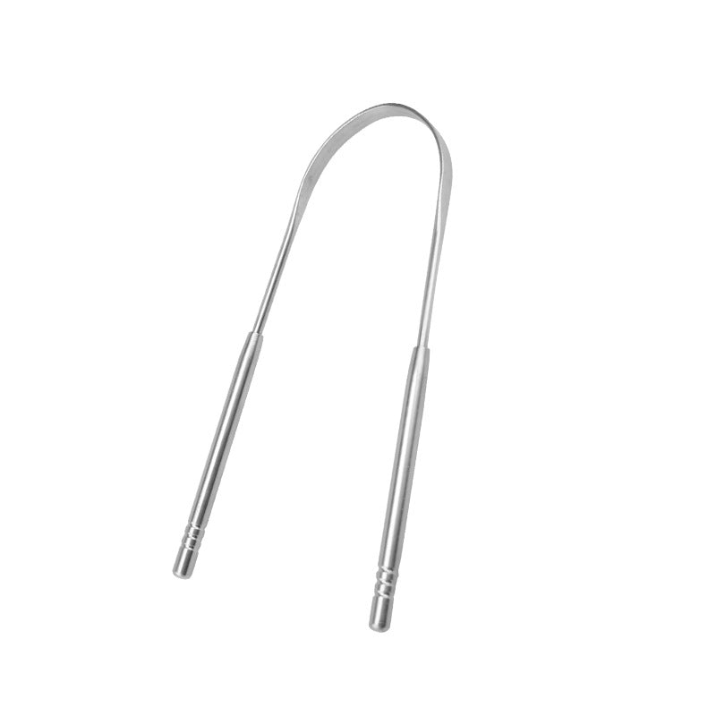 Silver U-shaped stainless steel tongue scraper