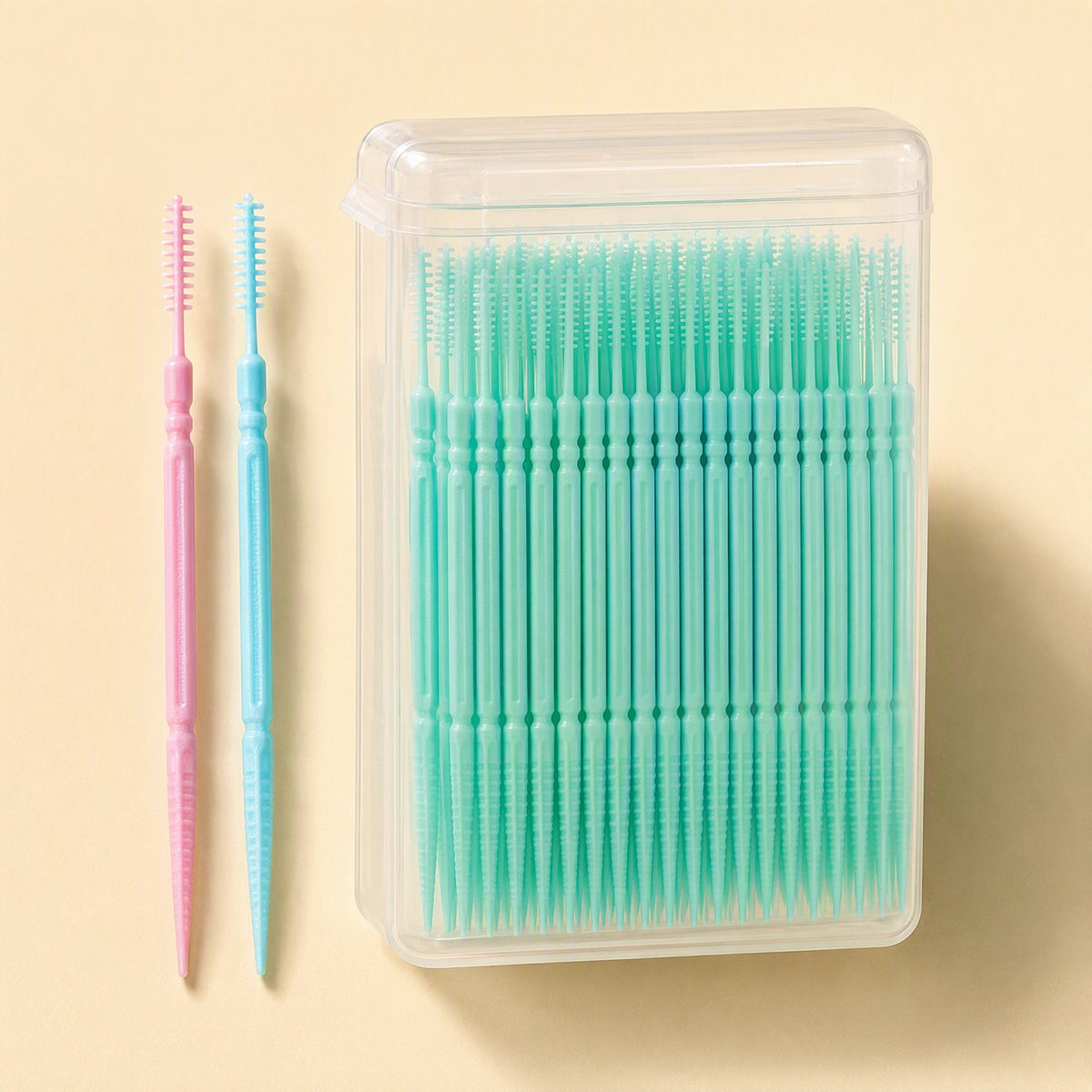 Box of 200 double-ended plastic interdental toothpicks, each 7.5 cm long