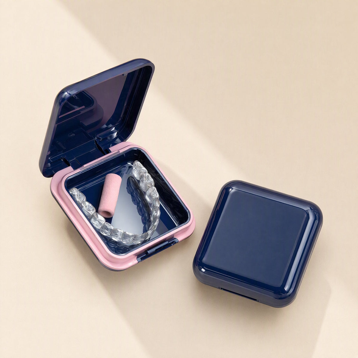 ABS plastic denture storage box with mirror, cover, and compartment