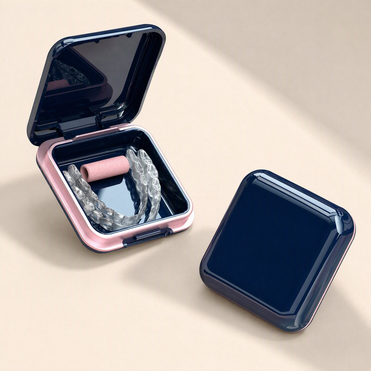 ABS plastic denture storage box with mirror, cover, and compartment - view 2