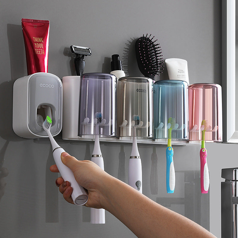 Ecoco Creative Toothbrush Storage Rack Punch-Free Mouthwash Cup Wall-Mounted Bathroom Automatic Toothpaste Squeezer - image 2