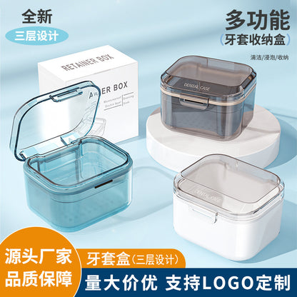 Cross-Border Braces Storage Box Denture Cleaning Box Invisible Retainer Drain Layered Portable Storage Box Braces Box - image 1