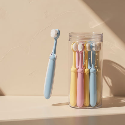 Soft-bristle manual children's toothbrush set, described as a ten-pack