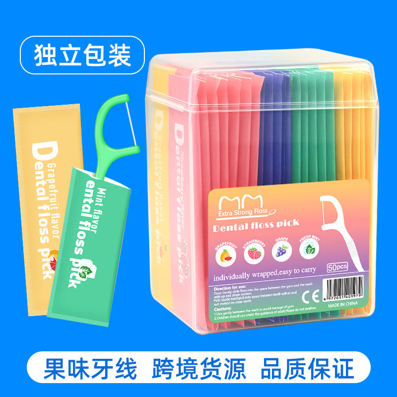 Cross-Border Wholesale Fruity Dental Floss Individually Packaged 50 Ultra-Fine Dental Floss Sticks Fresh Breath Disposable Toothpicks in Stock - image 1