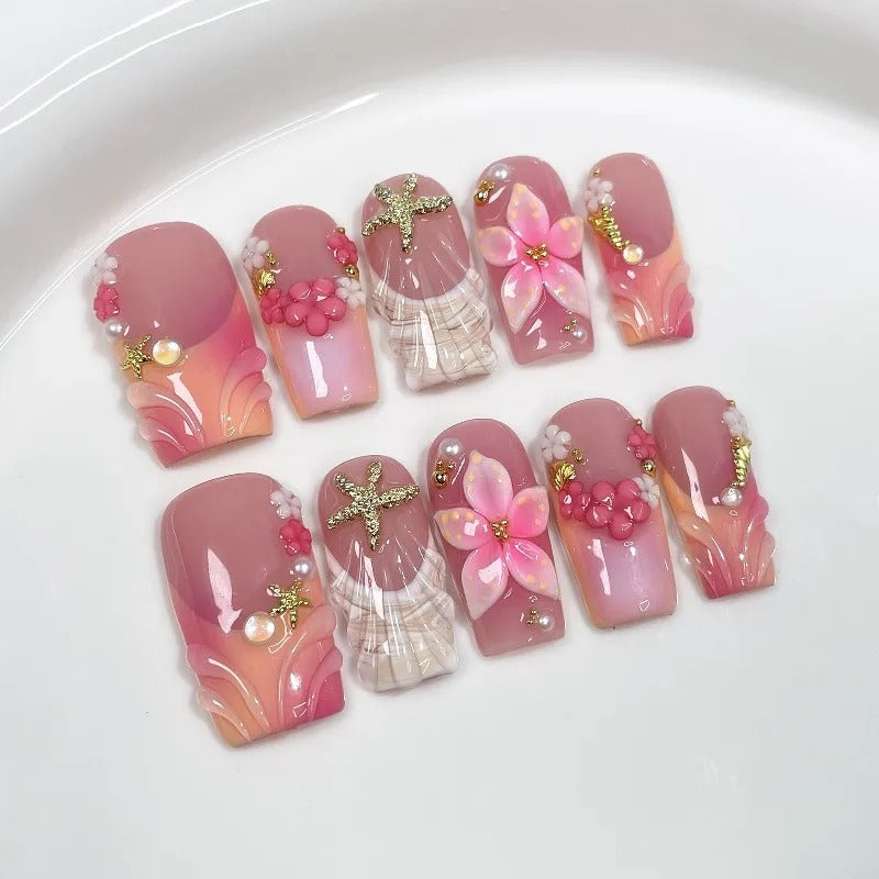 Dreamy Gradient Ocean Nail Art with 3d Floral French Tips