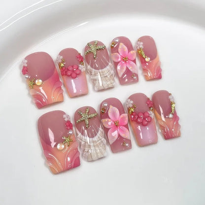 Dreamy Gradient Ocean Nail Art with 3d Floral French Tips