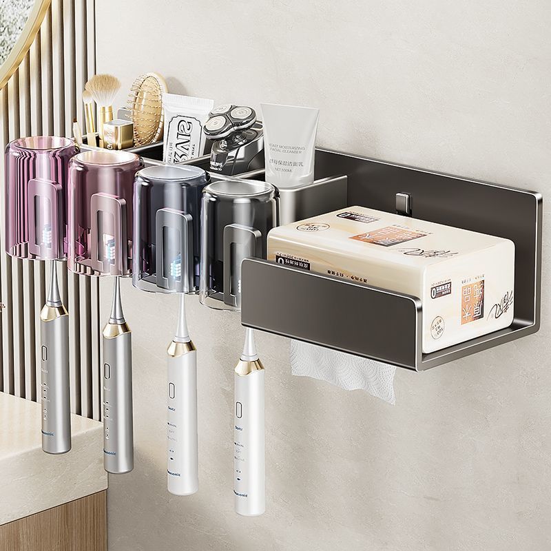 Toothbrush Storage Rack Non-punching Gun Grey Toilet Tooth Cup Gargle Cup Storage Wall-mounted Tissue Holster - image 2