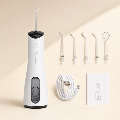 Adult household water flosser with a built-in battery and piston pump