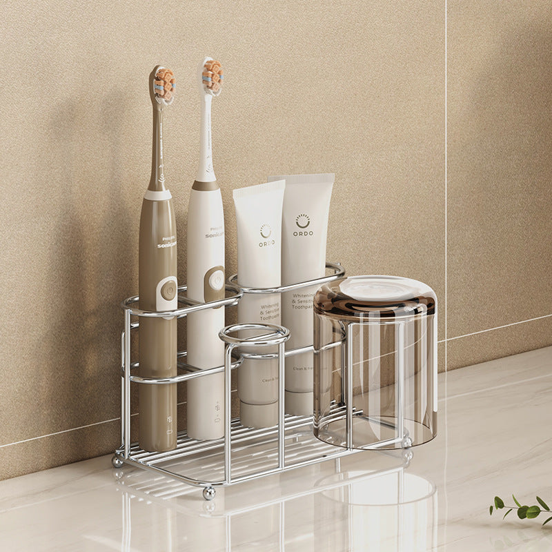 304 Stainless Steel Toothbrush Storage Rack Without Punching Bathroom Wall-Mounted Toothpaste Rack Wall-Mounted Mouthwash Cup Storage Rack - image 1