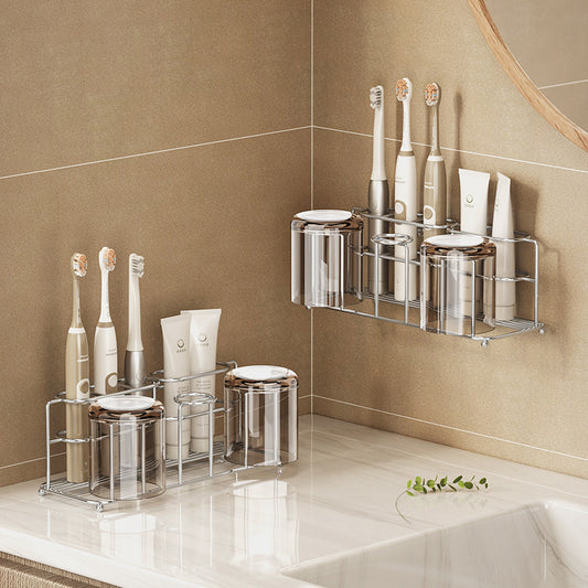 304 Stainless Steel Toothbrush Storage Rack Without Punching Bathroom Wall-Mounted Toothpaste Rack Wall-Mounted Mouthwash Cup Storage Rack - image 2