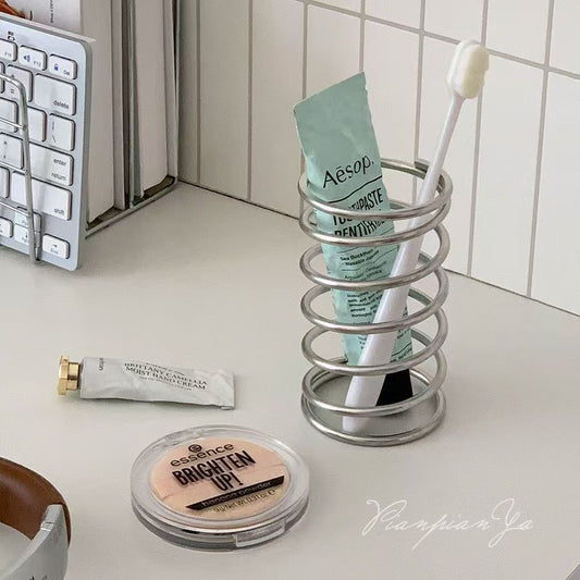 Stainless Steel High-End Hollow-Out Toothbrush Holder, Makeup Brush Desktop Organizer, Washbasin Sink Drainage Storage Rack - image 1