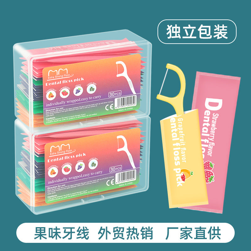 Cross-Border Wholesale Fruit-Flavored Dental Floss Individually Packaged 30 Pieces Boxed Disposable Ultra-Fine Dental Floss Sticks Individually Packaged - image 1