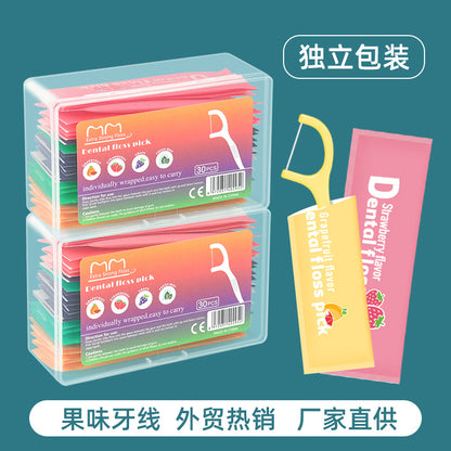 Cross-Border Wholesale Fruit-Flavored Dental Floss Individually Packaged 30 Pieces Boxed Disposable Ultra-Fine Dental Floss Sticks Individually Packaged - image 1