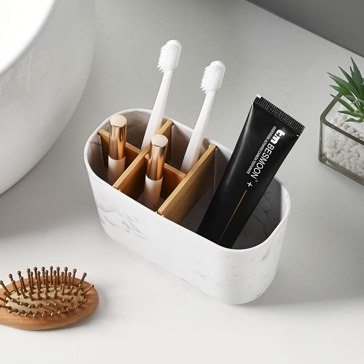 Bathroom Marble-Pattern Toothbrush Holder Storage Box Toothbrush Stand Toothpaste Toothbrush Rack Washroom Storage Organizer - image 2