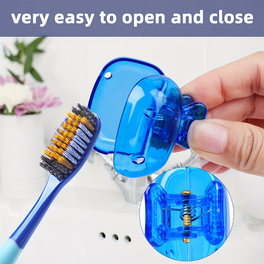 Blue toothbrush head cover shown open around a brush head