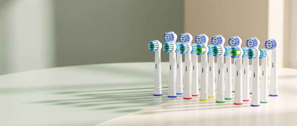 OralCove replacement toothbrush heads arranged as one product set on a pale green and ivory surface.